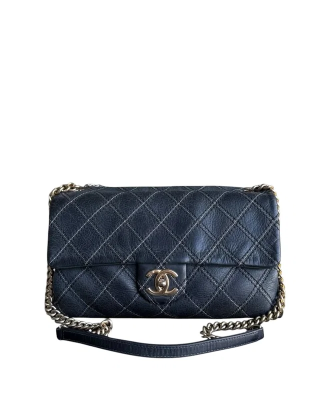 Chanel Seasonal Flap - Iridescent Stitch Quilted Leather Dark Blue Gold Hardware Series 19 in Blue Leather from Luxury Promise