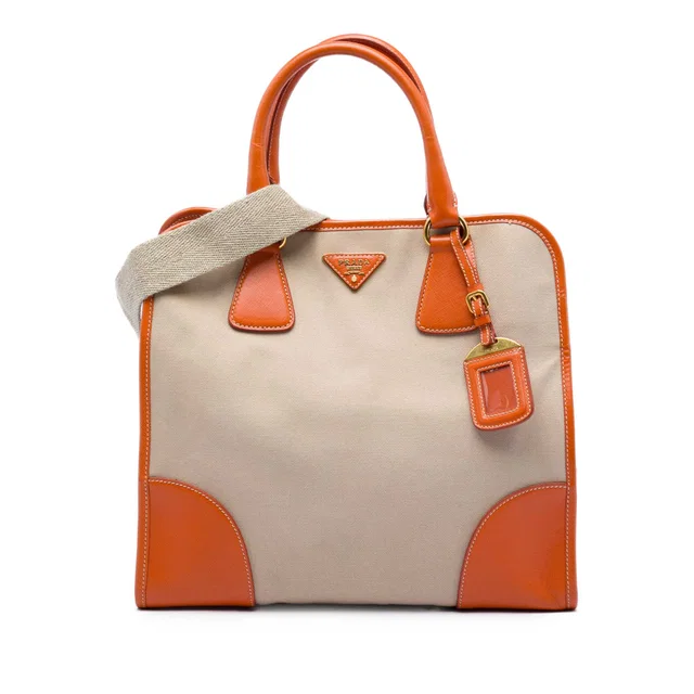 Beige Prada Saffiano Trimmed Canvas Canapa Satchel in Beige Saffiano leather from Designer Revival