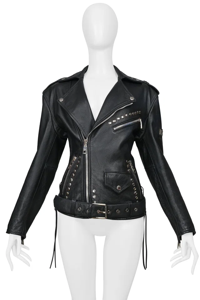 Dolce & Gabbana Black Oversized Leather Jacket With Studs And Belt 2022 in Black Leather from Resurrection Vintage