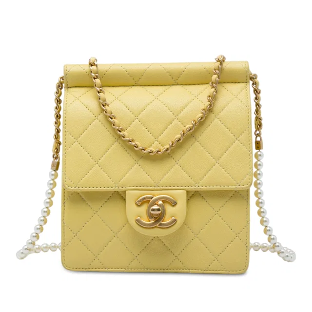 Yellow Chanel Small Quilted Lambskin Chic Pearls Flap Crossbody Bag in Yellow Lambskin from Designer Revival