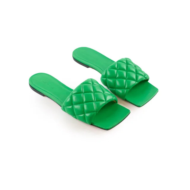 Bottega Veneta Padded Quilted Slides 38.5 Shoes in Green Leather from The Purse Affair