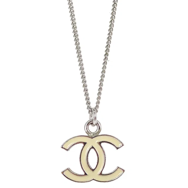 Chanel CC Chain Necklace Silver Ivory 07V in White from AMORE Vintage Tokyo