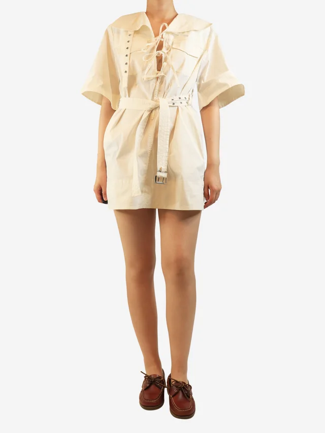 GANNI Ivory belted cotton mini dress - size UK 8 in White from Sign of the Times