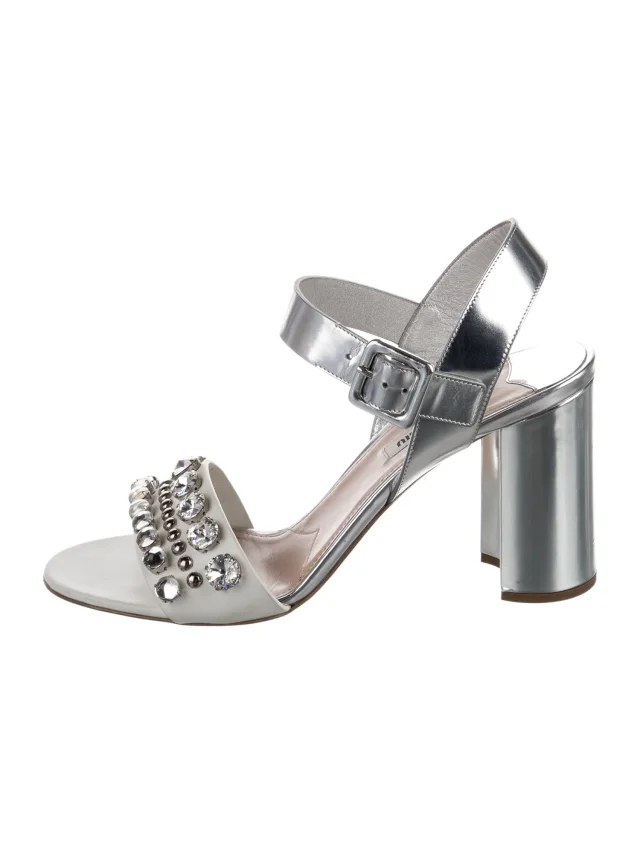 Miu Miu Leather Crystal Embellishments Sandals in gray|silver Leather from The RealReal