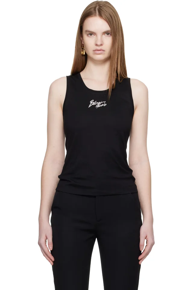 Black Relaxed 'Balmain Paris' Brush Print Tank Top