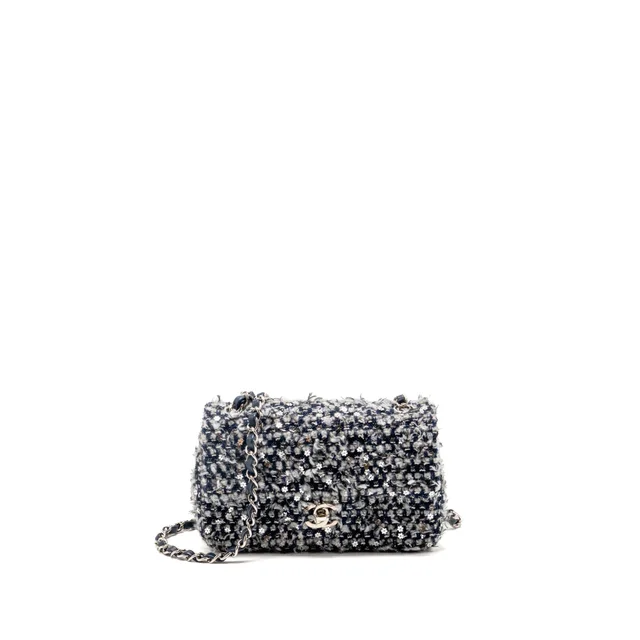 Chanel classic mini rectangular flap bag tweed/flower sequins navy/multicolour SHW (microchip) in Navy Tweed from EMIER