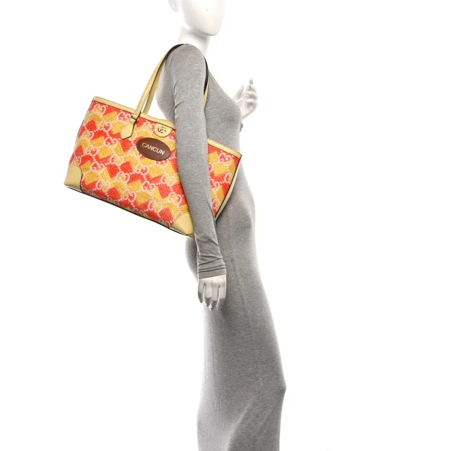 Gucci Straw Textured Dollar Calfskin Cancun Medium Ophidia Shopping Tote Orange Yellow in Orange Calfskin from FASHIONPHILE, photo 2 of 11