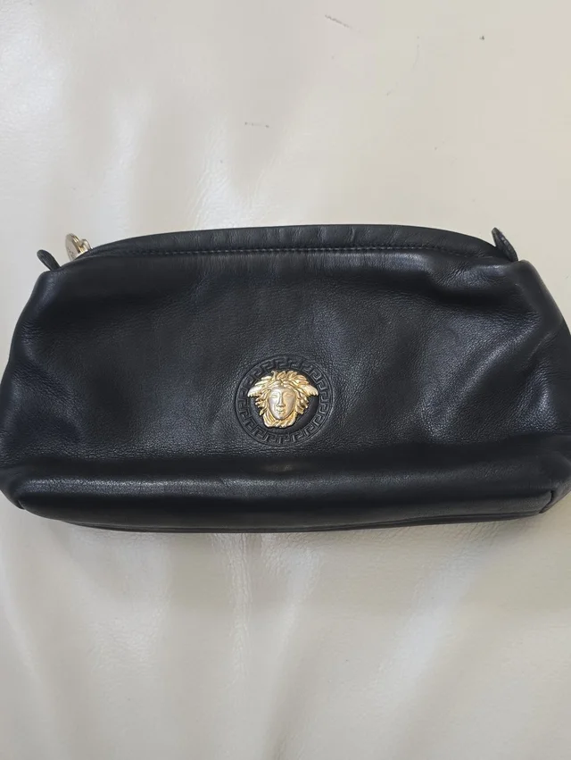 Versace Black Leather Medusa Vintage Cosmetic Pouch With Gold Emblem in gold|black Leather from Poshmark