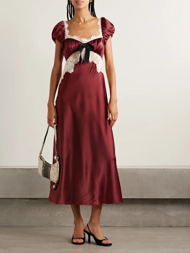 DÔEN Veda bow-detailed corded lace-trimmed silk-charmeuse midi dress in Red, photo 2 of 2 from NET-A-PORTER (Canada)