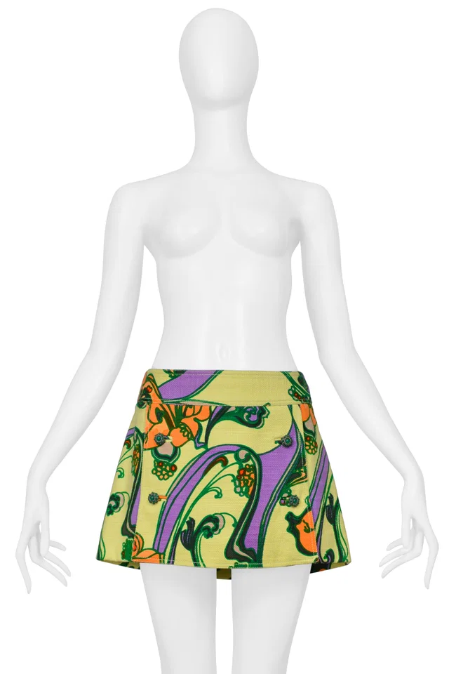 Dolce & Gabbana Chartreuse Floral Print Super Mini Skirt With Jewel Buttons from Resurrection Vintage
