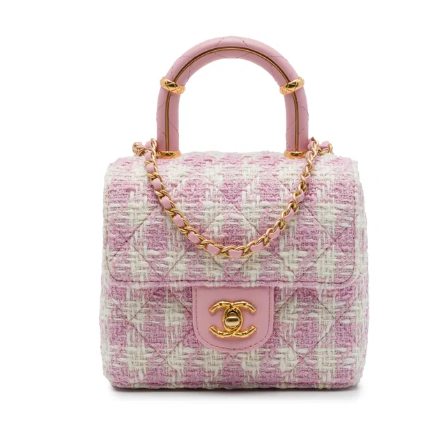 Pink Chanel Quilted Tweed Crush Top Handle Flap Satchel in Pink Tweed from Designer Revival