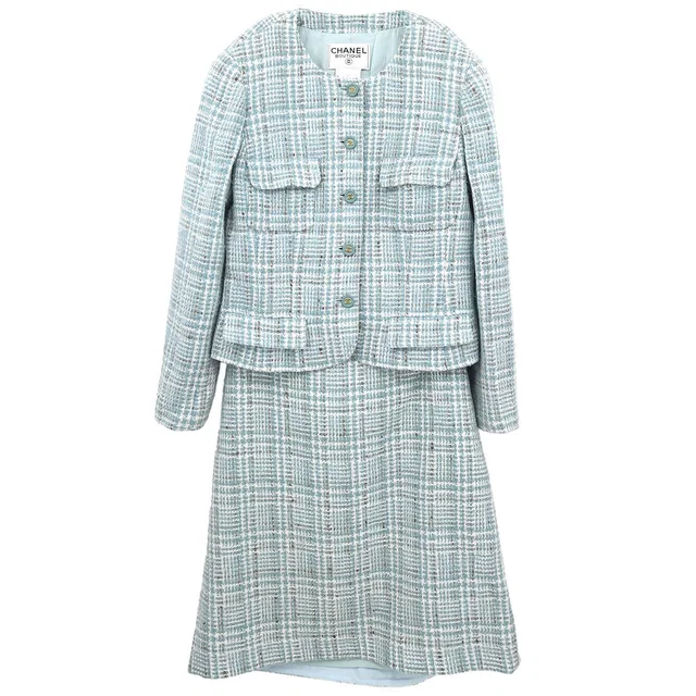 Chanel 1997 Setup Suit Jacket Skirt Tweed Light Blue #44 in Blue Tweed from AMORE Vintage Tokyo