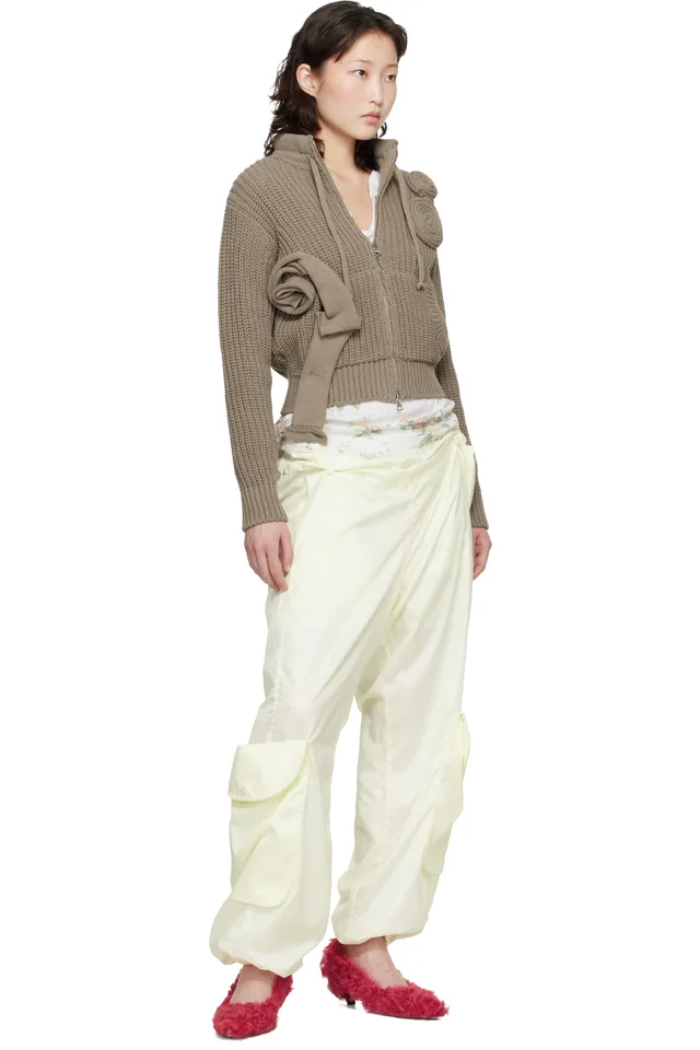 OPEN YY Taupe Applique Knit Zipup Sweater, photo 4 of 4 from SSENSE