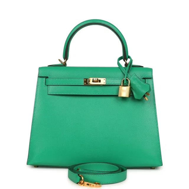 Hermès Kelly Sellier 25 Vert Vertigo Chevre Chamkila Gold Hardware in Green Goatskin from Madison Avenue Couture