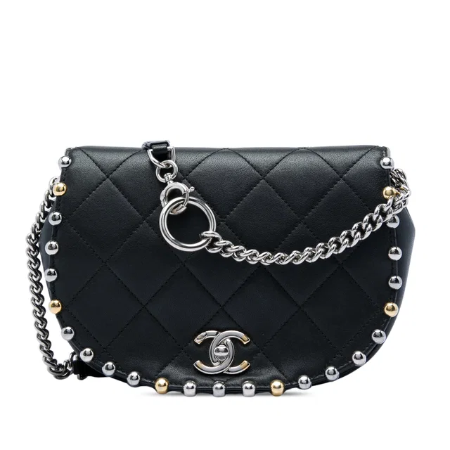 Black Chanel Small Quilted Lambskin Studded Bubble Flap Crossbody Bag in Black Lambskin from Designer Revival
