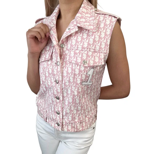 Dior Vintage 2004 Trotter Monogram Vest Jacket #38 Pink White Cotton in White from Luxury Promise