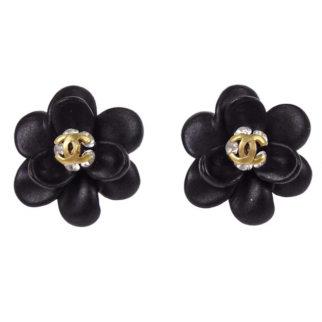 Chanel Flower CC Pierced Earrings Black Gold Rhinestone 02A in Black from AMORE Vintage Tokyo