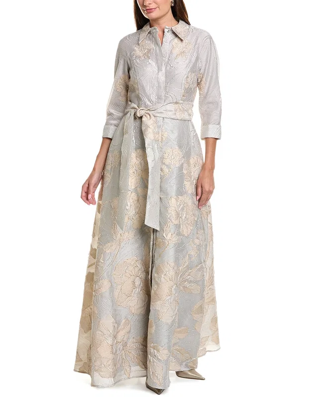 Teri Jon by Rickie Freeman Metallic Floral Jacquard Shirt Gown, image 1 of 1 from Gilt