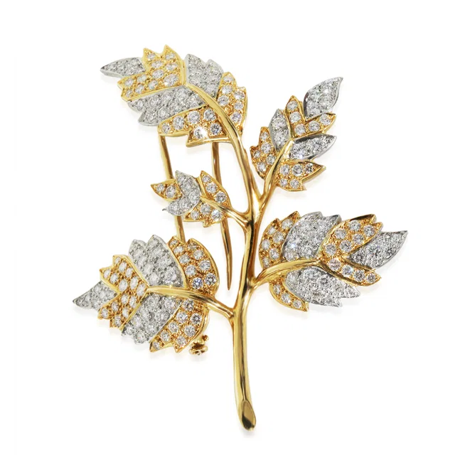 Tiffany & Co. Yellow Gold Platinum Diamond 5 Leaf Schlumberger Brooch 18k in Yellow from HEWI