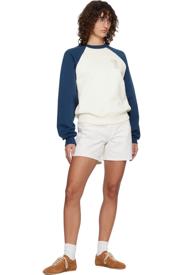 AMI Paris Off-White & Navy Cotton Knitted Ami de Coeur Sweatshirt, photo 4 of 4 from SSENSE