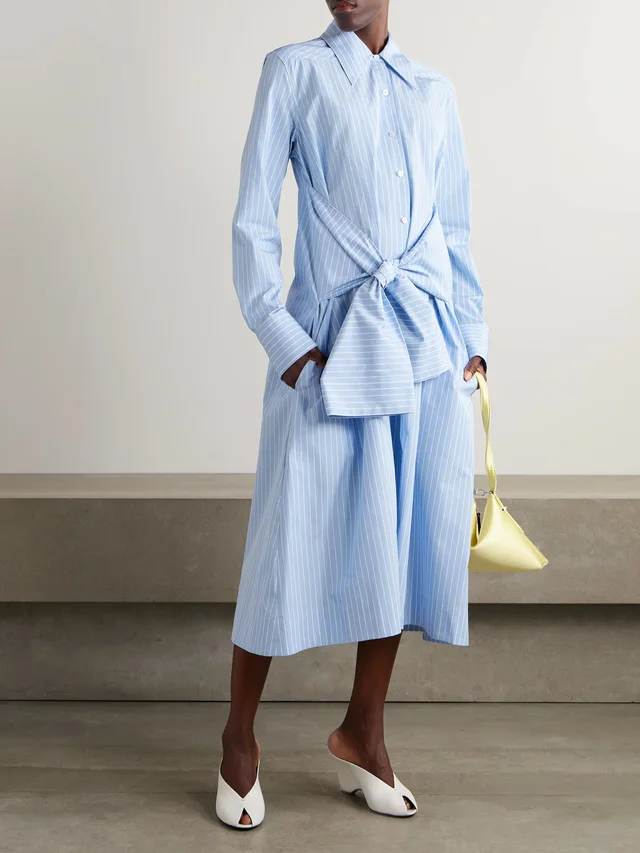 JIL SANDER Bow-detailed striped cotton-poplin midi shirt dress in Blue, photo 2 of 2 from NET-A-PORTER (Canada)
