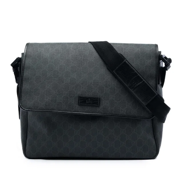 Black Gucci GG Supreme Flap Messenger Bag in Black Coated canvas from Designer Revival