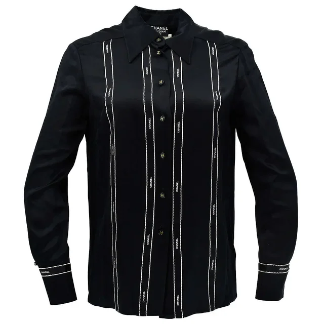 Chanel Blouse Shirt Black 94A #38 in Black Silk from AMORE Vintage Tokyo