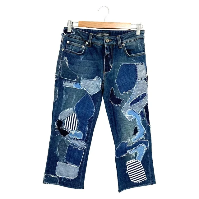 Dolce & Gabbana Rebuild Patchwork Cropped Denim Pants 38 Indigo in Denim from The Reluxe