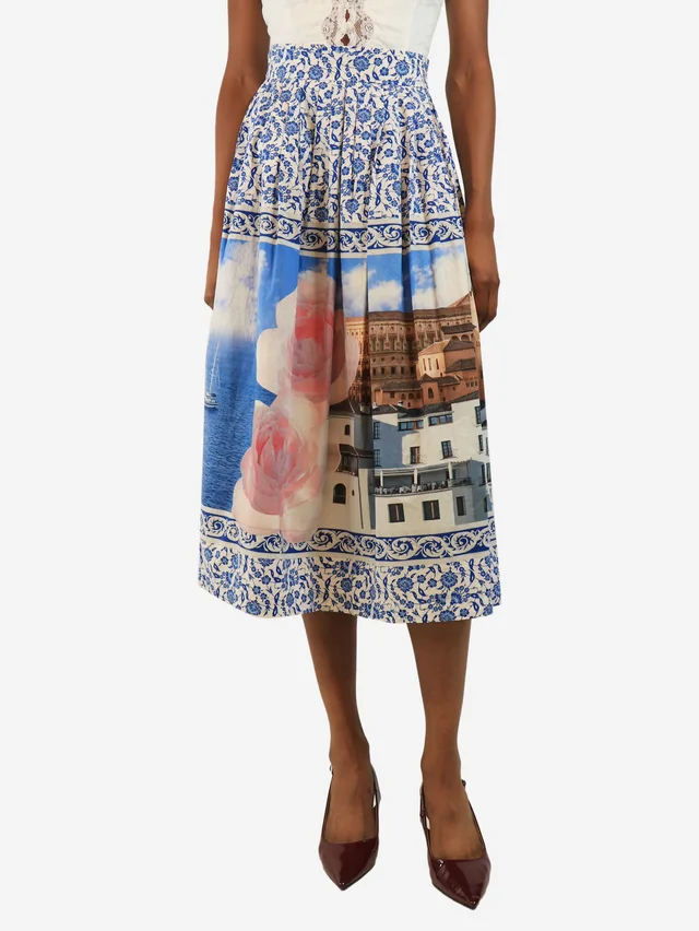 Max Mara Blue cotton printed midi skirt - size UK 4 in Blue from Sign of the Times
