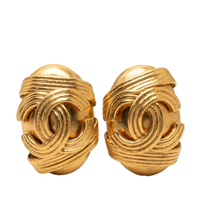 Gold Chanel CC Gold Plated Oval Clip On Earrings in Gold from Designer Revival