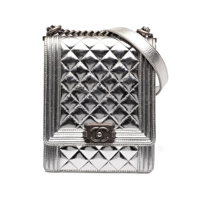 Silver Chanel Quilted Metallic Goatskin North South Boy Flap Crossbody Bag in Silver Goatskin from Designer Revival