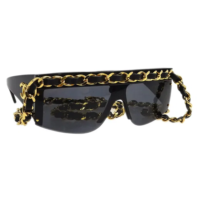 Chanel Chain Sunglasses Eyewear Black Small Good in Black Resin from AMORE Vintage Tokyo
