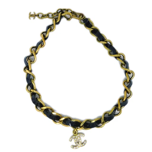 Chanel 1995 Crystal & Gold CC Choker in Gold Patent leather from AMORE Vintage Tokyo