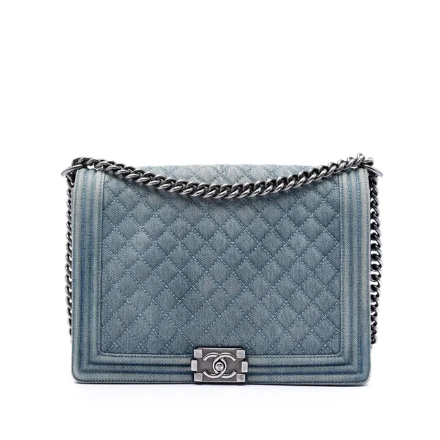 Blue Chanel Large Quilted Denim Boy Flap Crossbody Bag in Blue Denim from Designer Revival