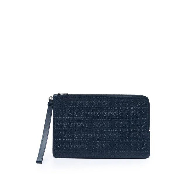 Blue LOEWE Embossed Anagram Calfskin Repeat Double Flat Pouch Clutch Bag in Blue Calfskin from Designer Revival