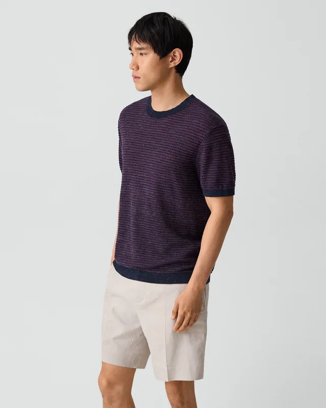 Theory Striped Tee in Pacific Linen in NEW BALTIC/GRAPEVINE 65% Linen, 23% Cotton, 12% Polyester; Exclusive Of Elastic, photo 2 of 7 from Theory