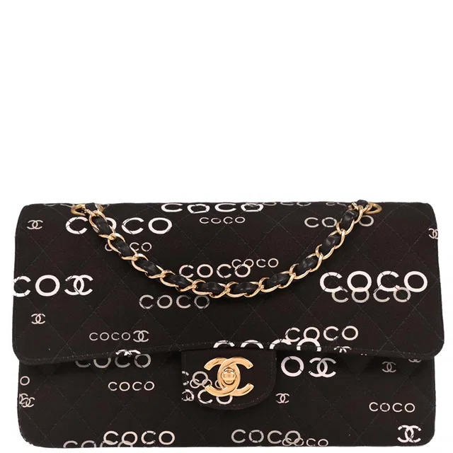 Chanel 2001-2003 Black Canvas COCO Medium Classic Double Flap Shoulder Bag in Black Canvas from AMORE Vintage Tokyo