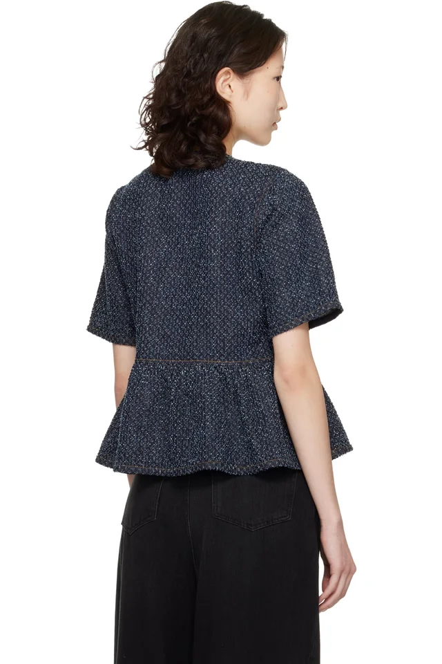 GANNI Blue Tweed Denim Peplum Blouse, photo 3 of 4 from SSENSE