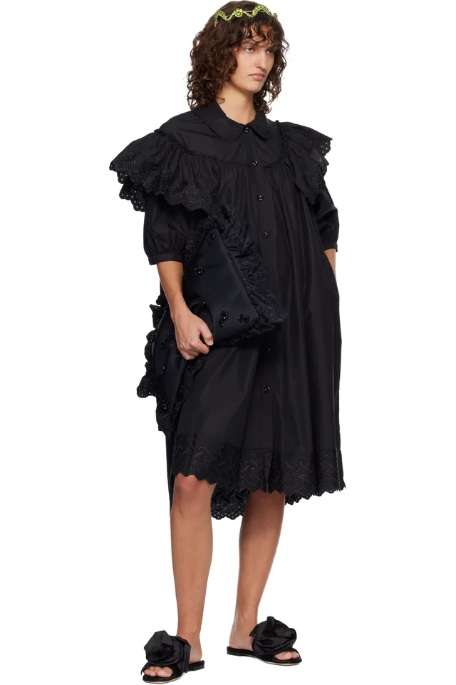 Simone Rocha Black Puff Sleeve Ruffle Frill Trim Shirt Midi Dress, photo 4 of 4 from SSENSE