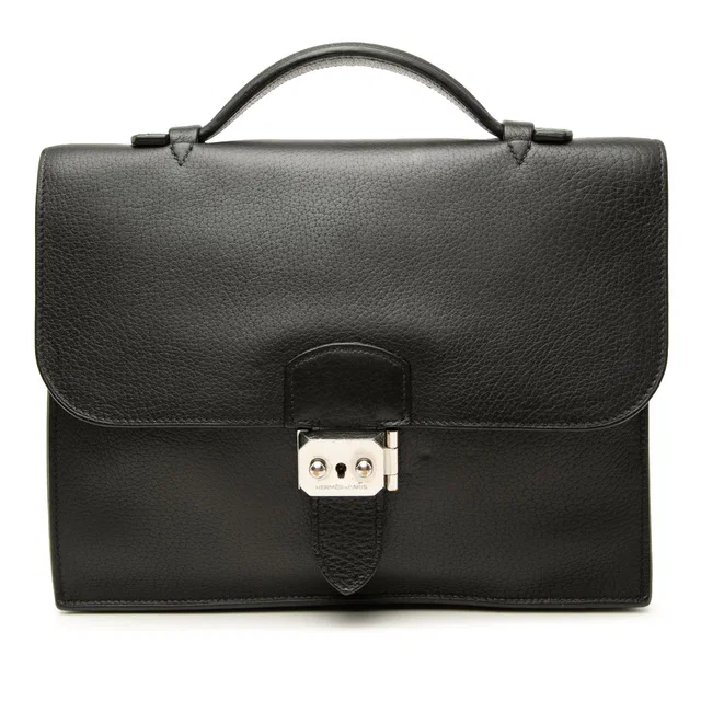 Black Hermès Clemence Sac a Depeches 27 Business Bag in Black Clemence leather from Designer Revival