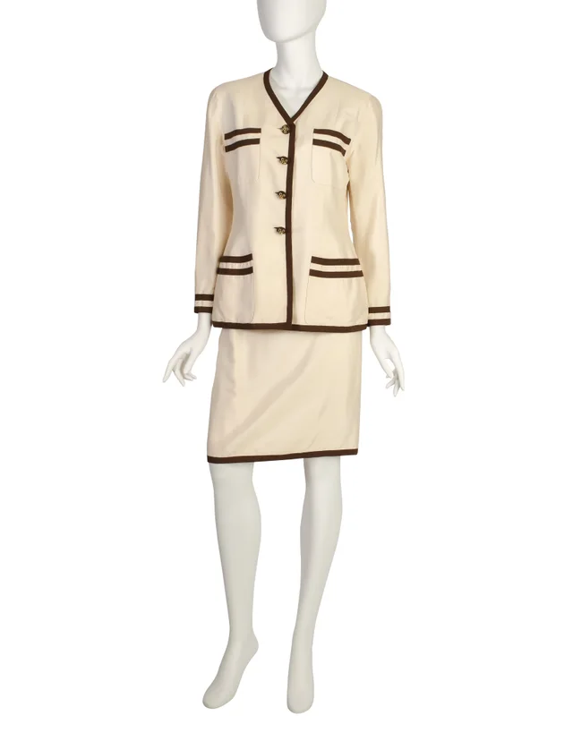 Chanel Vintage Cream Raw Silk Shantung Brown Stripe Jacket and Skirt Suit in Cream Silk from Amarcord Vintage Fashion
