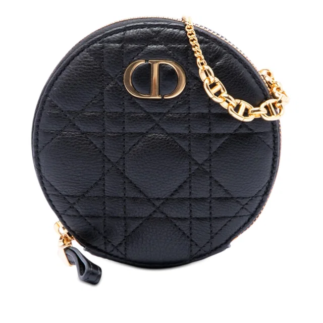 Black Dior Calfskin Cannage Round Caro Pouch with Chain Crossbody Bag in Black Calfskin from Designer Revival
