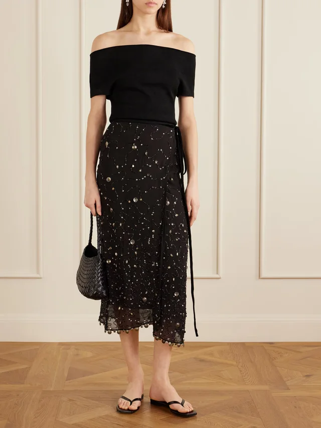 STAUD Mer embellished chiffon midi wrap skirt in Black, photo 2 of 2 from NET-A-PORTER (Canada)