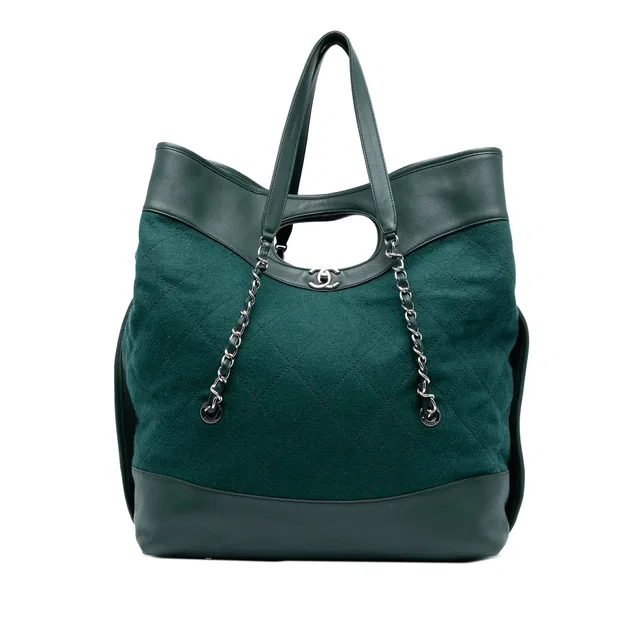 Green Chanel Extra Large Stitched Wool and Calfskin 31 Shopping Bag Satchel in Green Calfskin from Designer Revival