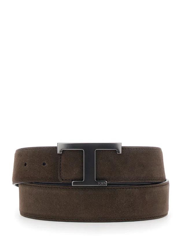 Tod's Suede Calf Leather T-Buckle Belt — Brown in Brown Calfskin from HEWI
