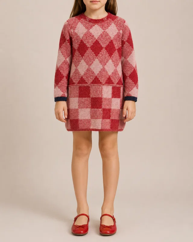 Loro Piana Kids Red Knit Checked Long-Sleeve Dress with Pockets Size 8 years in Red from Sellier
