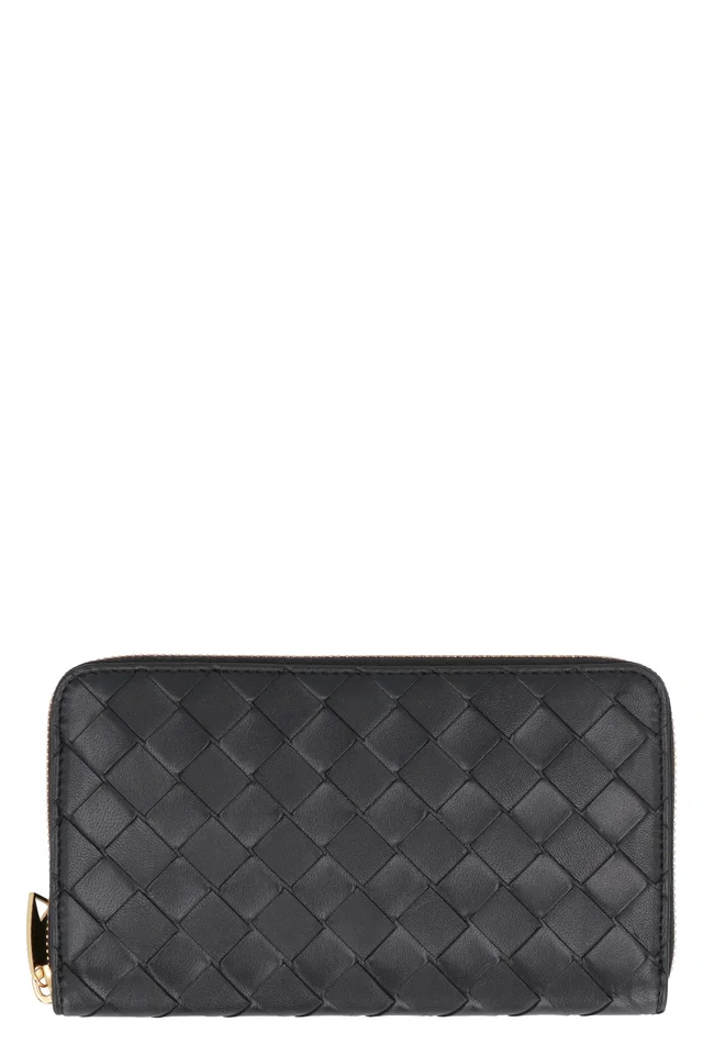 Bottega Veneta Intrecciato Leather Zip-Around Wallet — Black Lamb & Purses in Black Woven leather from HEWI
