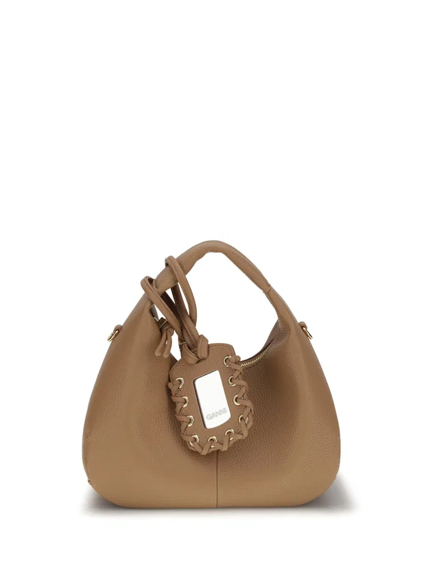 GANNI Grained Leather With Butterfly Logo Hobo Bag — Beige in Beige Caviar leather from HEWI