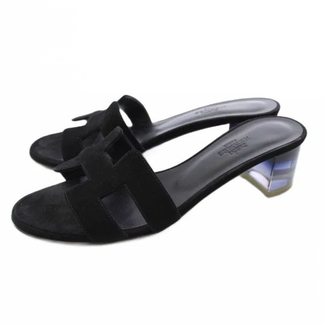 Hermès Oasis Sandals Clear Heels Suede Leather Black 37 in Black Suede from The Reluxe