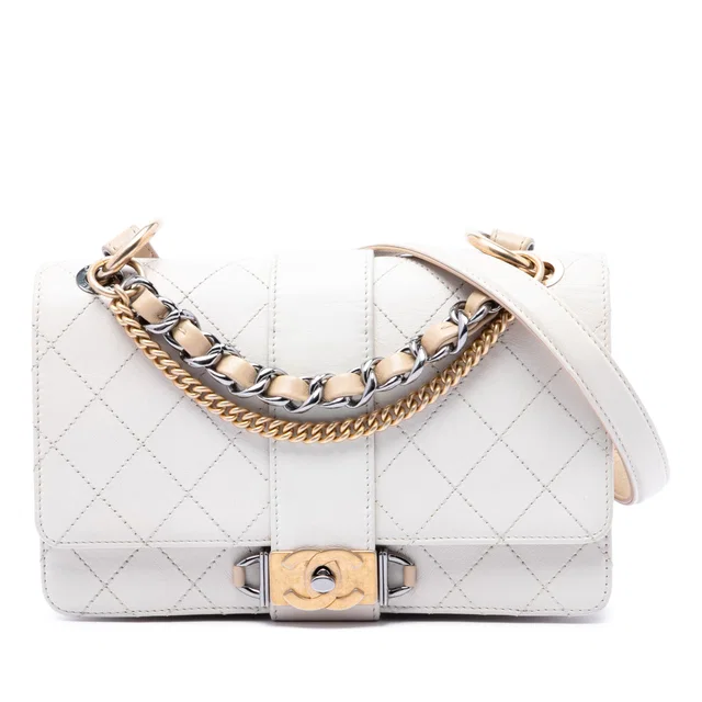 White Chanel CC Stitched Calfskin Chain Flap Satchel in White Calfskin from Designer Revival